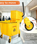 No Sweat Heavy Duty Commercial Mop Bucket On Wheels With Side Press Wringer And 35 Quart Size for easy movement with smooth-rolling casters.