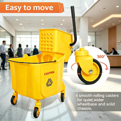 No Sweat Heavy Duty Commercial Mop Bucket On Wheels With Side Press Wringer And 35 Quart Size for easy movement with smooth-rolling casters.