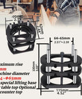 Heavy Duty Router Lift System With Four Jaw Chuck for Hassle Free Height Adjustments and Rock Solid Router Table Inserts, black aluminum lifting base.