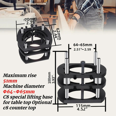 Heavy Duty Router Lift System With Four Jaw Chuck for Hassle Free Height Adjustments and Rock Solid Router Table Inserts, black aluminum lifting base.