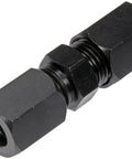 Angled side view of a black metal high-pressure compression union (10mm, 5000 PSI)