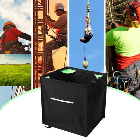 Throw Line Cube Bag For Arborist And Tree Work, Heavy Duty Canvas Rope Organizer Box with scenic outdoor background