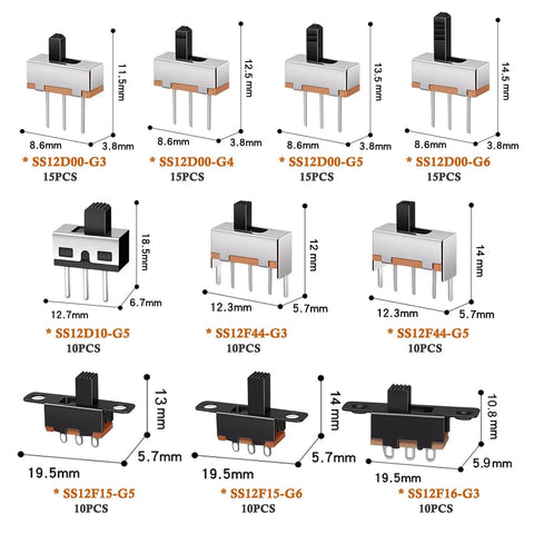 Slide Switch Kit 120 Pieces Micro Mini 3 Pin 2 Position 1P2T SPDT Toggle Switches For On Off DIY Projects including various models