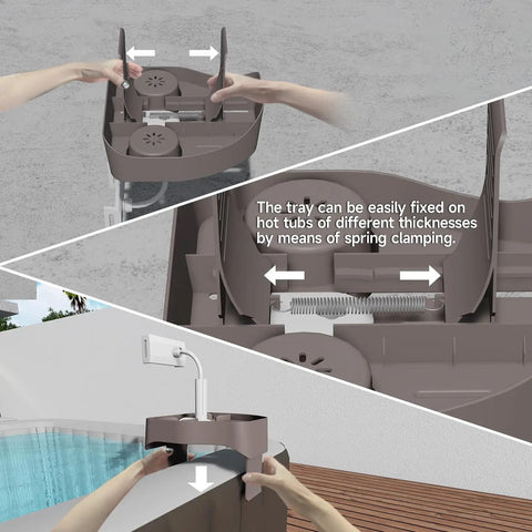 Hot Tub Table Tray With Adjustable Phone Holder And Dual Drink Caddies for Outdoor Pools and Spas, Easy Tool Free Setup.