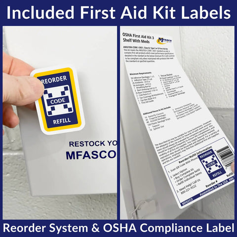 ANSI 2021 Class B First Aid Kit Refill Pack With 160 Pieces reorder and OSHA compliance labels shown