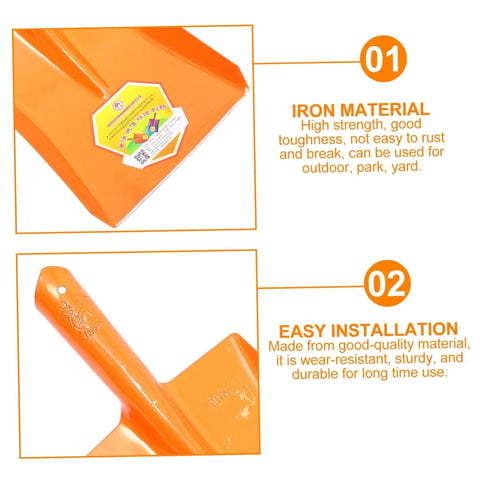 Heavy Duty Garden Shovel For Digging And Trenching, durable iron shovel blade with orange finish, close-up view