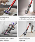 Outsize Cordless Vacuum Cleaner for Large Homes with 60 Minute Runtime, showing precision cleaning on various surfaces, nickel red