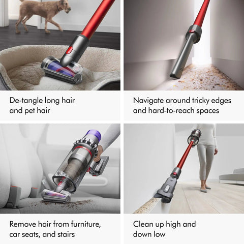 Outsize Cordless Vacuum Cleaner for Large Homes with 60 Minute Runtime, showing precision cleaning on various surfaces, nickel red