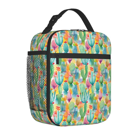 Desert Cactus Flower Insulated Lunch Bag Tote Portable Lunch Box That Keeps Food Fresh For Hours with colorful cactus design