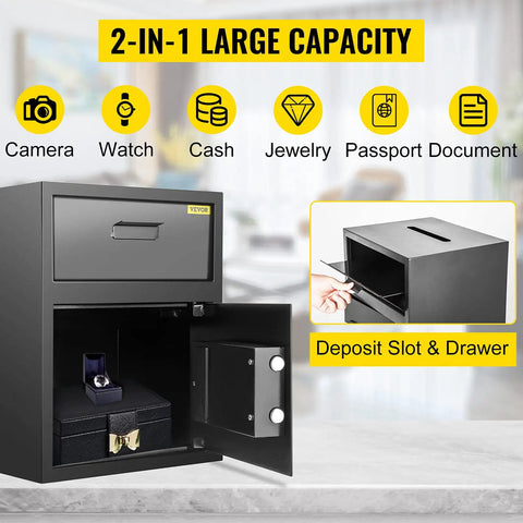 Depository Safe 1.7 Cubic Feet Carbon Steel With Electronic Code Lock, Deposit Slot, And Two Emergency Keys, Heavy Duty Security Safe