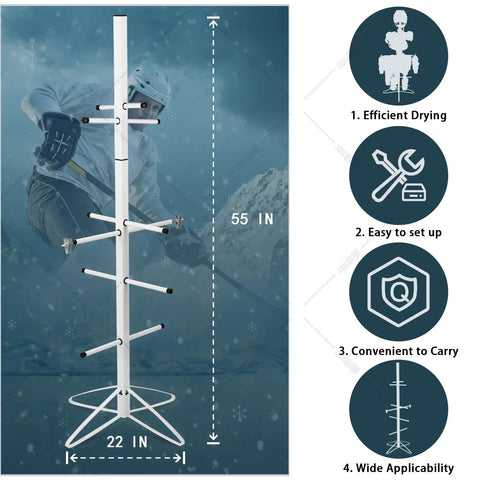 Heavy Duty Metal Hockey Gear Drying Rack, 55-inch height, 22-inch width, displaying efficient design features.
