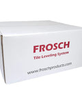 Box labeled 'Frosch Tile Leveling System', related to Pro Grade Tile Leveling System Clips For Floors And Walls DIY Friendly Keeps Tiles Level With No Lippage One Sixteenth Inch Gap Fits Three To Twelve Millimeter Tiles Heavy Duty Plastic Pack Of Two Thousand.
