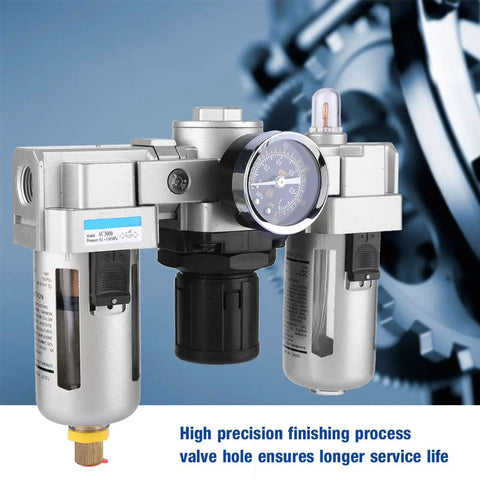 Oil Water Separator For Air Compressor, Pneumatic Filter Regulator With Lubricator in aluminum, displaying precision gauge.
