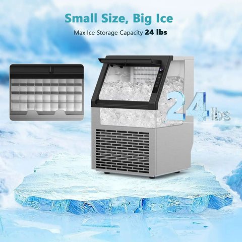 Commercial Ice Maker Machine 80 Lbs Per Day Freestanding 24 Lb Storage Stainless Steel Auto Self Cleaning Ice Maker
