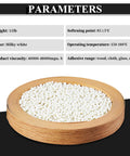 Heavy Duty Hot Melt Edge Banding Adhesive 11 Lb Pellets in a wooden bowl showing parameters and adhesive properties.