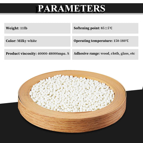 Heavy Duty Hot Melt Edge Banding Adhesive 11 Lb Pellets in a wooden bowl showing parameters and adhesive properties.
