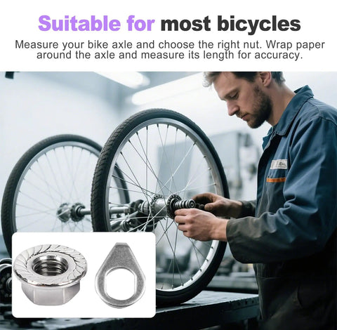 Mechanic installing 24 Piece Bike Axle Nut And Washer Kit Universal Fit M8 M9.5 M10 on bicycle wheel in workshop