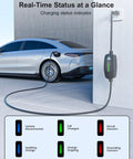 Level 1 And Level 2 Portable EV Charger With 25 Foot Cable plugs into electric car on driveway, showing charging status indicators.