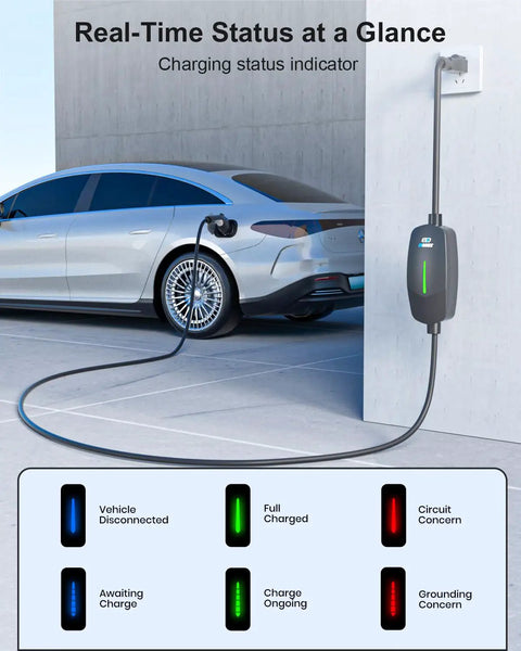 Level 1 And Level 2 Portable EV Charger With 25 Foot Cable plugs into electric car on driveway, showing charging status indicators.