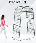 Heavy Duty Garden Arch Trellis For Climbing Plants With Adjustable Width shown with woman for scale, 7.4ft tall, metal support