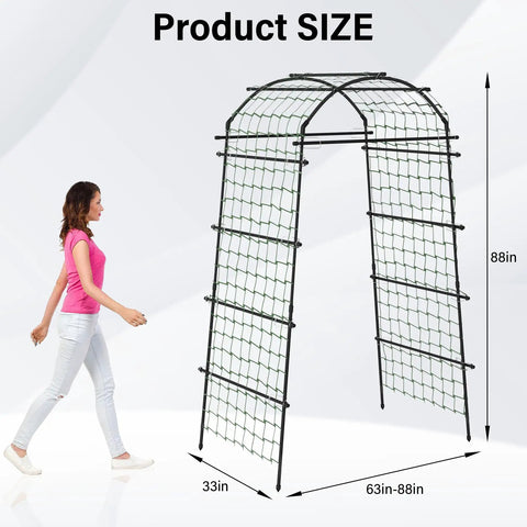 Heavy Duty Garden Arch Trellis For Climbing Plants With Adjustable Width shown with woman for scale, 7.4ft tall, metal support