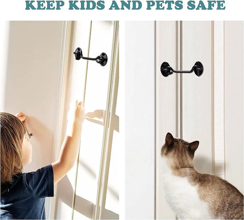 Child and cat near 4 Inch Barn Door Latch Lock Kit With Eye Hook Sliding Door Lock Hardware Screws Included Rust Resistant Metal Gate Latch
