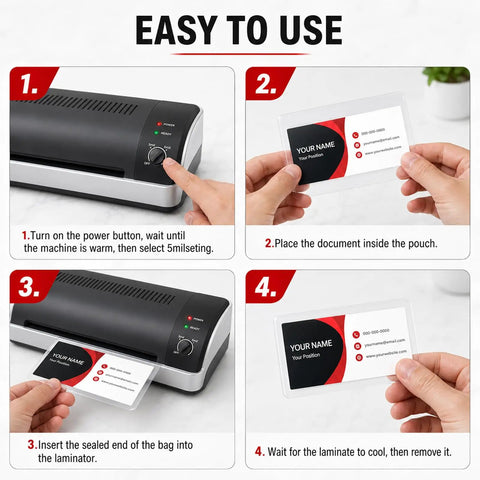 Super Durable 5 Mil Business Card Laminating Sheets Two Hundred Pack Clear Thermal Pouches With Rounded Corners instructions