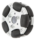 Front view of 60mm aluminium alloy robot omni wheel with black rubber rollers and central hub