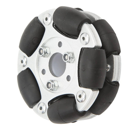 Front view of 60mm aluminium alloy robot omni wheel with black rubber rollers and central hub