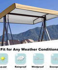 Heavy Duty Swing Chair Canopy Replacement Top Cover For 2/3 Seater Garden Swing Patio Seat Waterproof Windproof Rip Proof 210D Oxford Cloth Beige 84x48x9 Inches Easy To Install And Store Durable Tear Resistant Outdoor Patio Accessory displayed on swing with mountain background