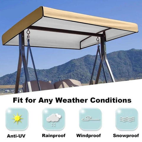 Heavy Duty Swing Chair Canopy Replacement Top Cover For 2/3 Seater Garden Swing Patio Seat Waterproof Windproof Rip Proof 210D Oxford Cloth Beige 84x48x9 Inches Easy To Install And Store Durable Tear Resistant Outdoor Patio Accessory displayed on swing with mountain background