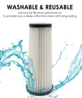 Four Pack Replacement Vacuum Filters For Endura F112 Style Odor Trapping Filter with water splash, emphasizing washable feature