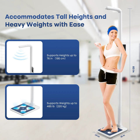 Pro Grade Clinic Height And Weight Scale With Ultrasonic Sensors And Four High Precision Load Cells, 76.8 Inch Max Height, 23.6 To 76.8 Inch Range, Accurate BMI Calculator Up To 485 Pounds Or 220 Kilograms. White clinic scale