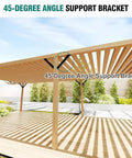 45-degree angle support bracket installed under wooden pergola roof showcasing use in outdoor structure