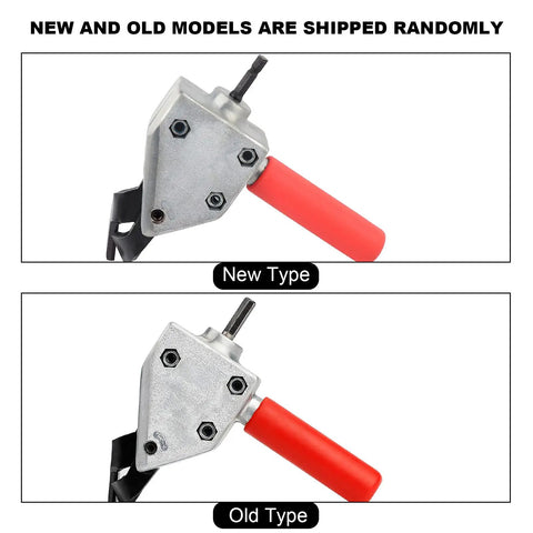 Heavy Duty Metal Nibbler And Sheet Cutter Attachment For Electric Drill, showing new and old model types with ergonomic handles.