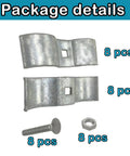 Heavy Duty Chain Link Fence Panel Clamps For One And Five Eighths Inch Frames Galvanized Dog Kennel Saddle Clamps Eight Pack For Forty Two Millimeter Pipe Fence Panels Rust Resistant Easy Install Durable Outdoor Gate And Fence Connectors package details showing clamps, nuts, and bolts.