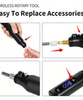 Built Different Cordless Rotary Tool Kit With Nine Adjustable Speeds And Fast Usb Charging versatile engraver showing easy accessory replacement.