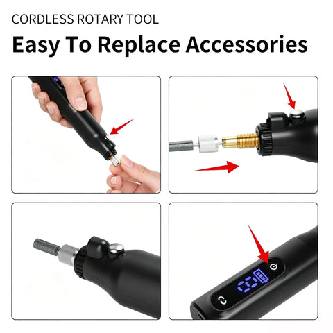 Built Different Cordless Rotary Tool Kit With Nine Adjustable Speeds And Fast Usb Charging versatile engraver showing easy accessory replacement.