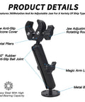 Rock Solid Trolling Motor Stabilizer Mount with Grippy Silicone Grip, metal pliers, 360° rubber ball joint detail on white background.