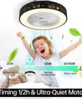 Dope Black Iron Ceiling Fan With Remote Control And Dimmable LED Lights 48W shown above child, teddy bear, and noise level chart.