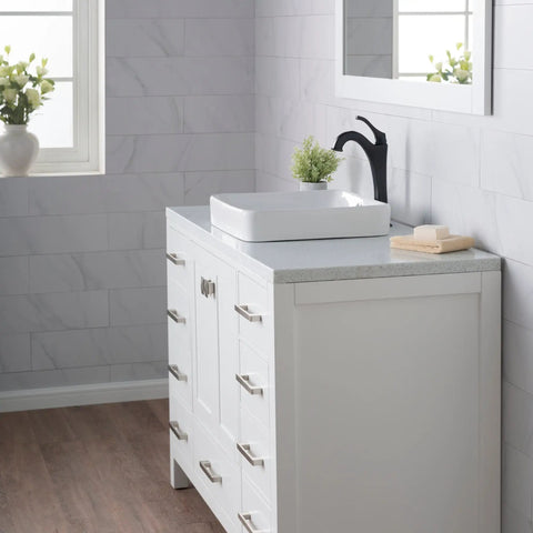 Elavo Square Vessel Sink With Overflow White Porcelain Ceramic Semi Recessed Bathroom Vanity Sink 16 And A Half Inch Scratch Resistant Easy To Clean High Gloss Glaze on vanity with faucet