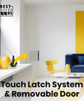 Concealed Touch Latch Access Door 12 By 12 With Mud-In Flange shown installed in a modern room with yellow and blue decor.