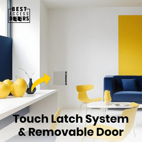 Concealed Touch Latch Access Door 12 By 12 With Mud-In Flange shown installed in a modern room with yellow and blue decor.