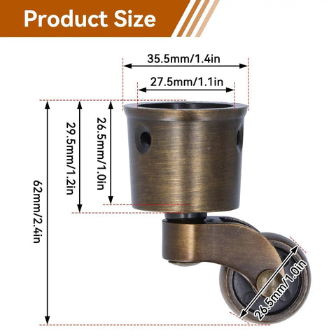 Vintage Round Cup Caster Wheels Set Of Two Silent Rolling Zinc Alloy Floor Casters Built Different Smooth Glide Matte Finish Effortless Roll For Tables product size diagram with dimensions labeled