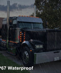 Black truck with Trucker Grade 2 Inch Round LED Marker Lights 20 Pack Amber and Red With Reflectors in rain, showcasing IP67 waterproofing.