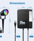 Dimensions of 12 Pack RGBW Color Changing Outdoor Landscape Lights Kit With 300W Low Voltage Transformer and cables, shown with measurements.