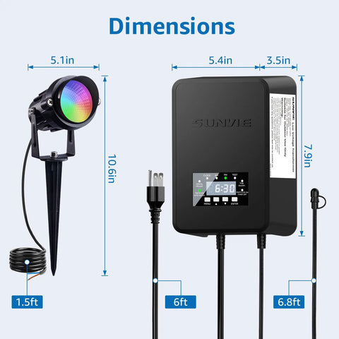 Dimensions of 12 Pack RGBW Color Changing Outdoor Landscape Lights Kit With 300W Low Voltage Transformer and cables, shown with measurements.