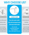Comparison chart highlighting features of VINMEN pump, ordinary water pump, and press water pump. Benefits of water outlet speed and durability.