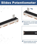 Side view of Five Pack Pro Grade Linear Slide Potentiometers 7 Pin B10K 60mm Length 45mm Travel 10mm Handle Fader.