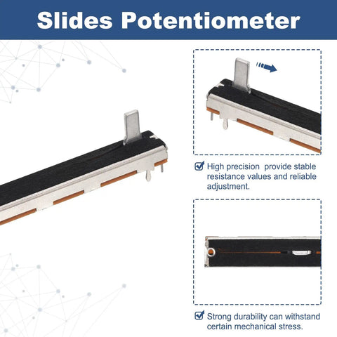 Side view of Five Pack Pro Grade Linear Slide Potentiometers 7 Pin B10K 60mm Length 45mm Travel 10mm Handle Fader.